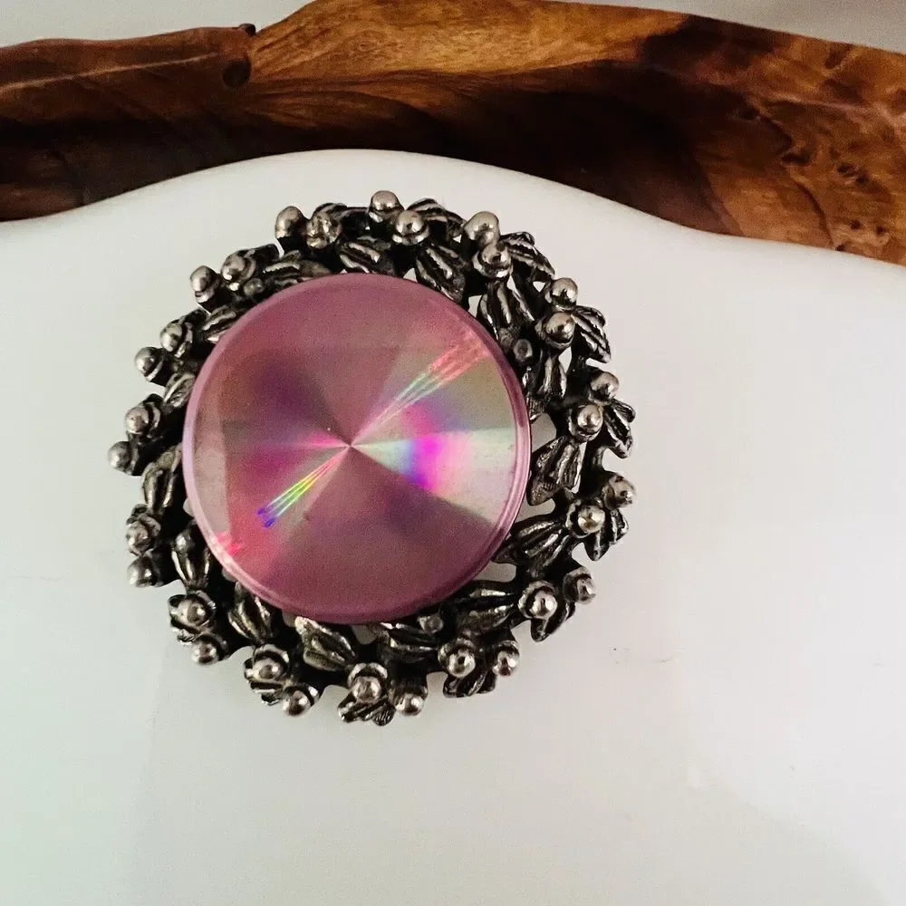 Jewelarama Brooch Prism Round Pinkish Reflective Dark Silver Tone 4156